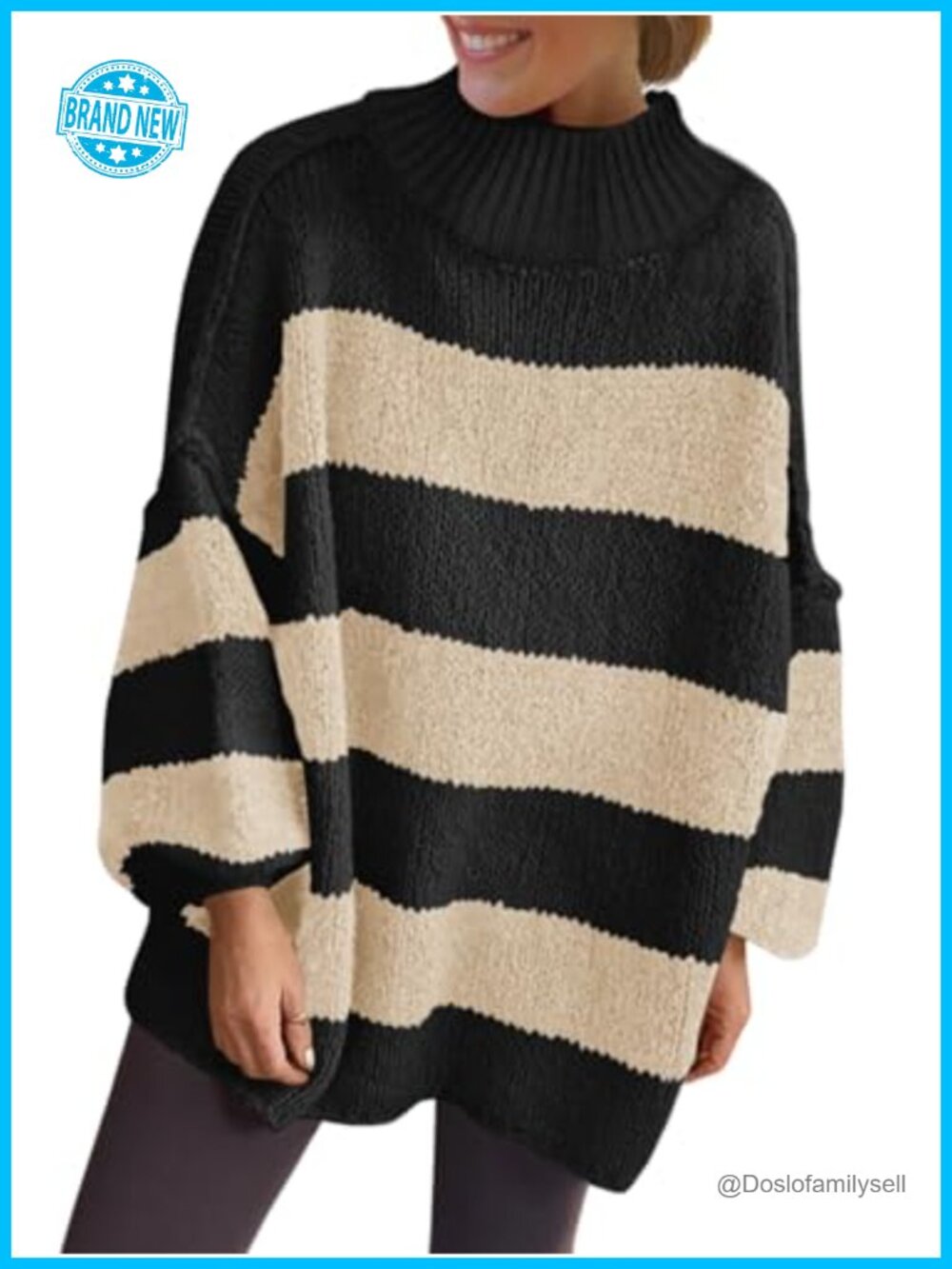 Oversized Striped Chunky Knit Sweater Mock Neck Lantern Sleeve Pullover